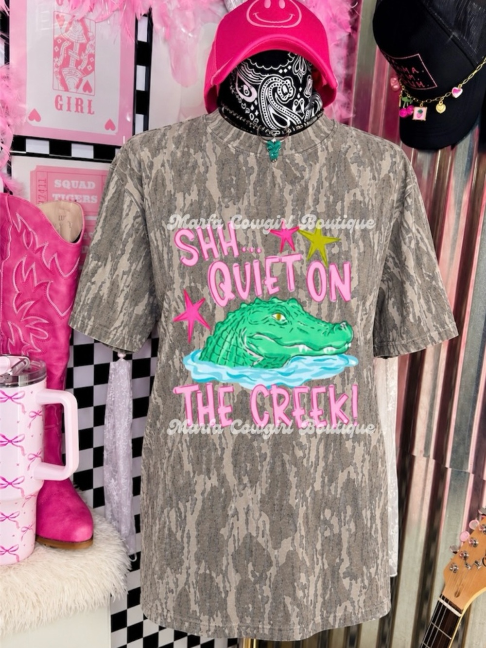 Shh... Quiet On The Creek! Womens bottomland Camo Tee with Pink & Green Graphic